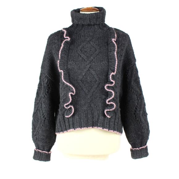 Cinq A Sept Edna Sweater Gray Pink Ruffle Front Cable Knit Turtleneck Size S - Picture 1 of 6